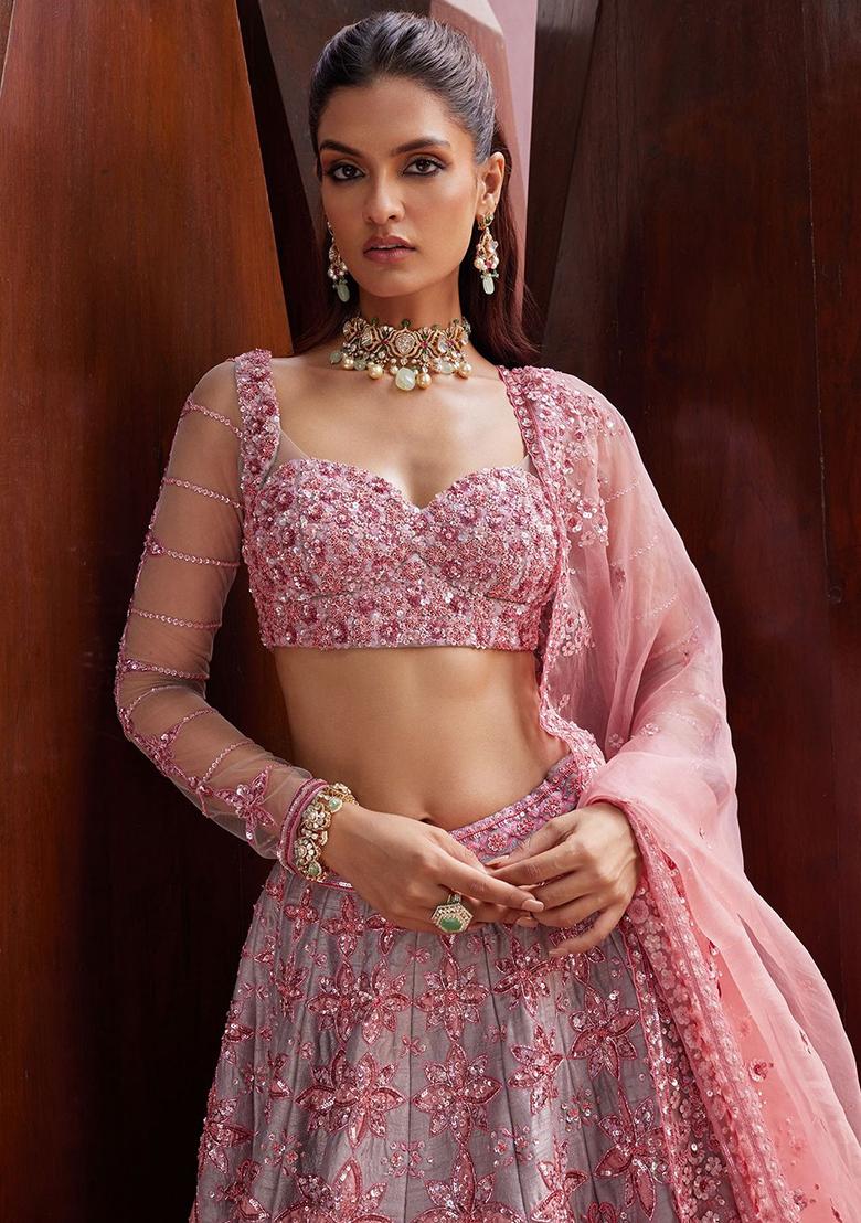 Peach Embroidery Silk Lehenga Choli Set
