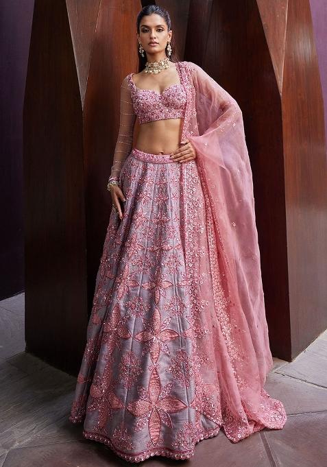 Peach Embroidery Silk Lehenga Choli Set