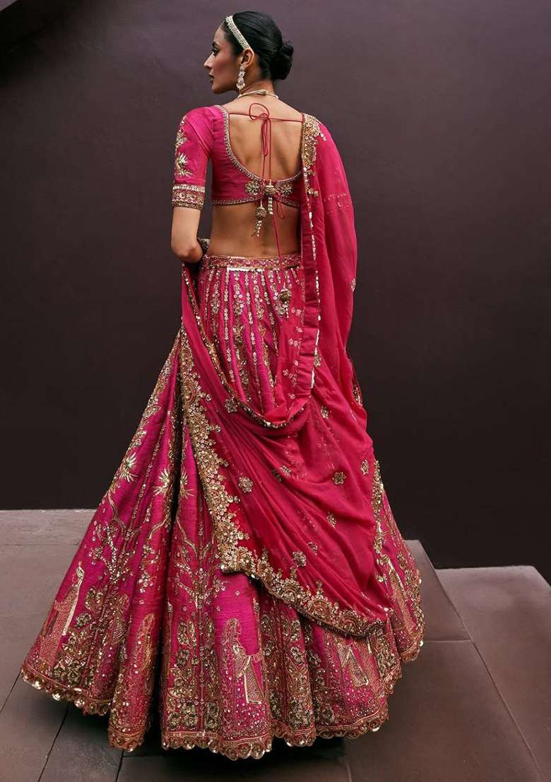 Rani Pink Silk Blend Lehenga Choli Set with Embroidery for Diwali | Wedding & Festive Wear - Indya
