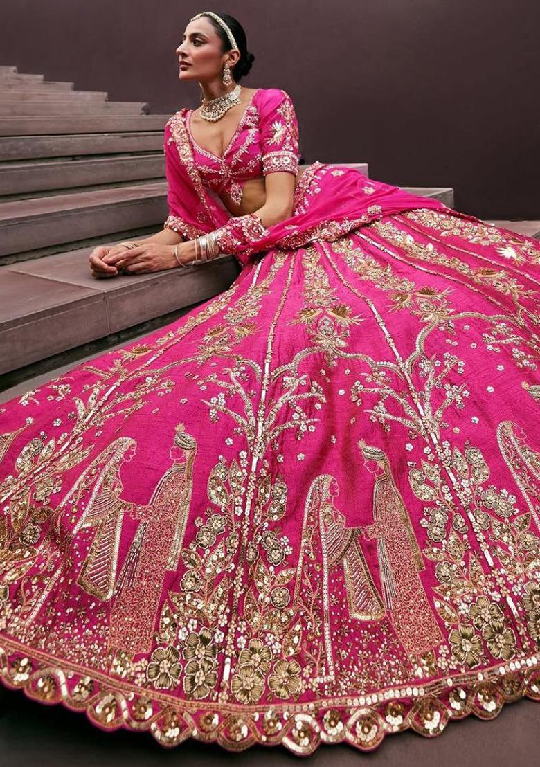 Rani Pink Embroidery Silk Lehenga Choli Set - Indya