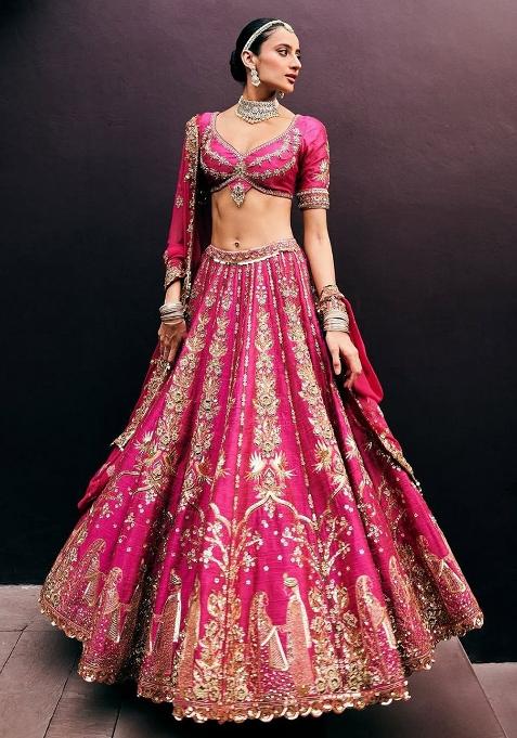 Rani Pink Embroidery Silk Lehenga Choli Set