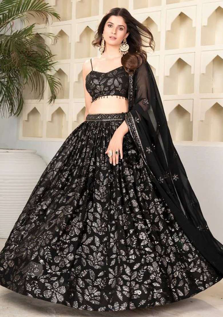 Black Georgette Lehenga Choli Set with Embroidery for Diwali | Wedding & Festive Wear - Indya