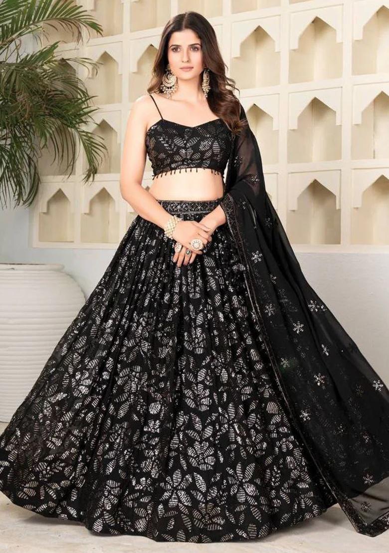 Black Embroidery Georgette Lehenga Choli Set - Indya