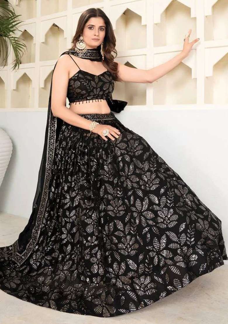 Black Georgette Lehenga Choli Set with Embroidery for Diwali | Wedding & Festive Wear - Indya