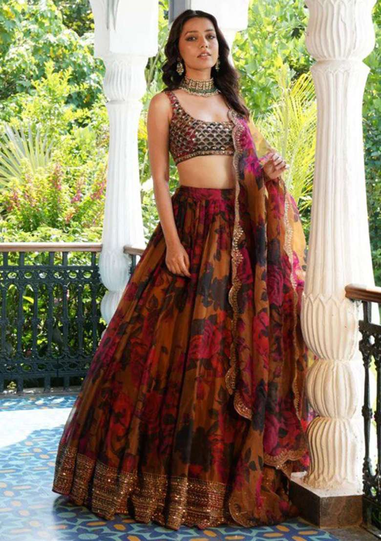 Red Embroidery Organza Lehenga Choli Set for Diwali and Festive Wear - Indya