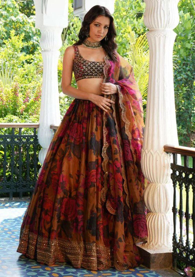 Red Embroidery Organza Lehenga Choli Set - Indya