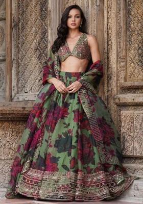 Green Embroidery Organza Lehenga Choli Set