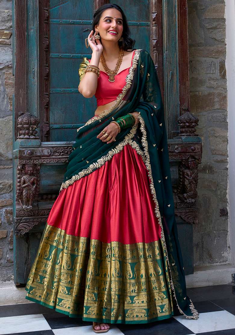 Red Embroidery Blended Lehenga Choli Set - Indya