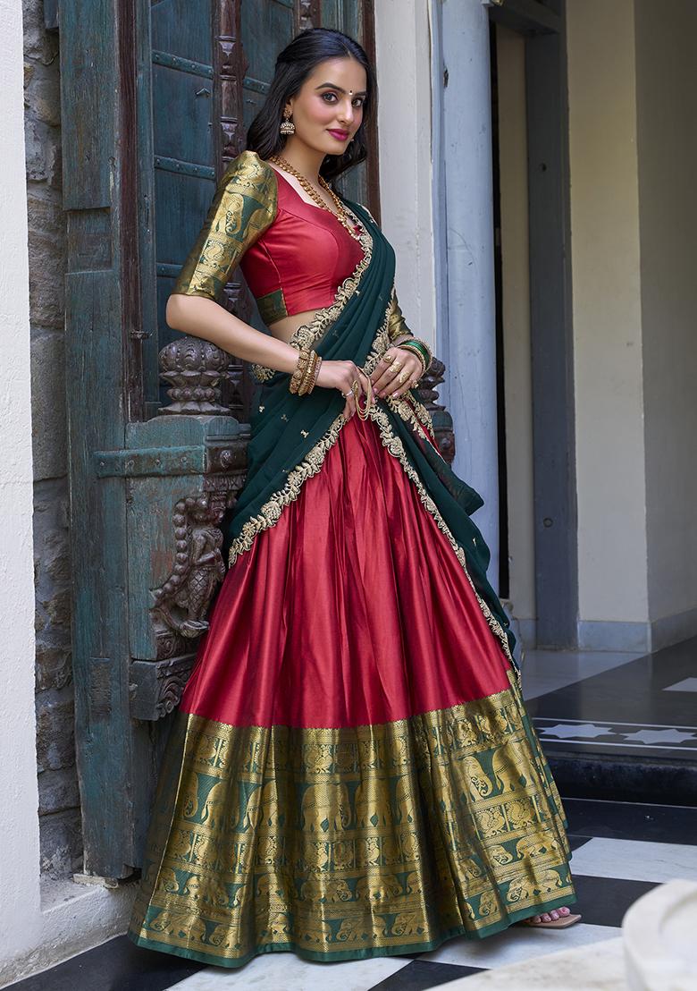 Red Embroidery Blended Lehenga Choli Set - Indya