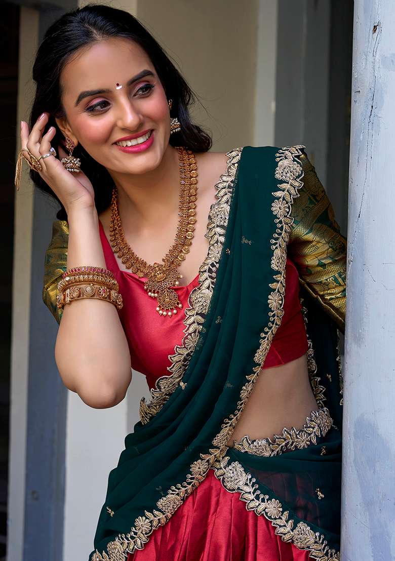 Red Embroidery Blended Lehenga Choli Set - Indya