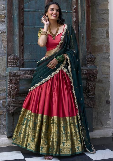 Red Embroidery Blended Lehenga Choli Set