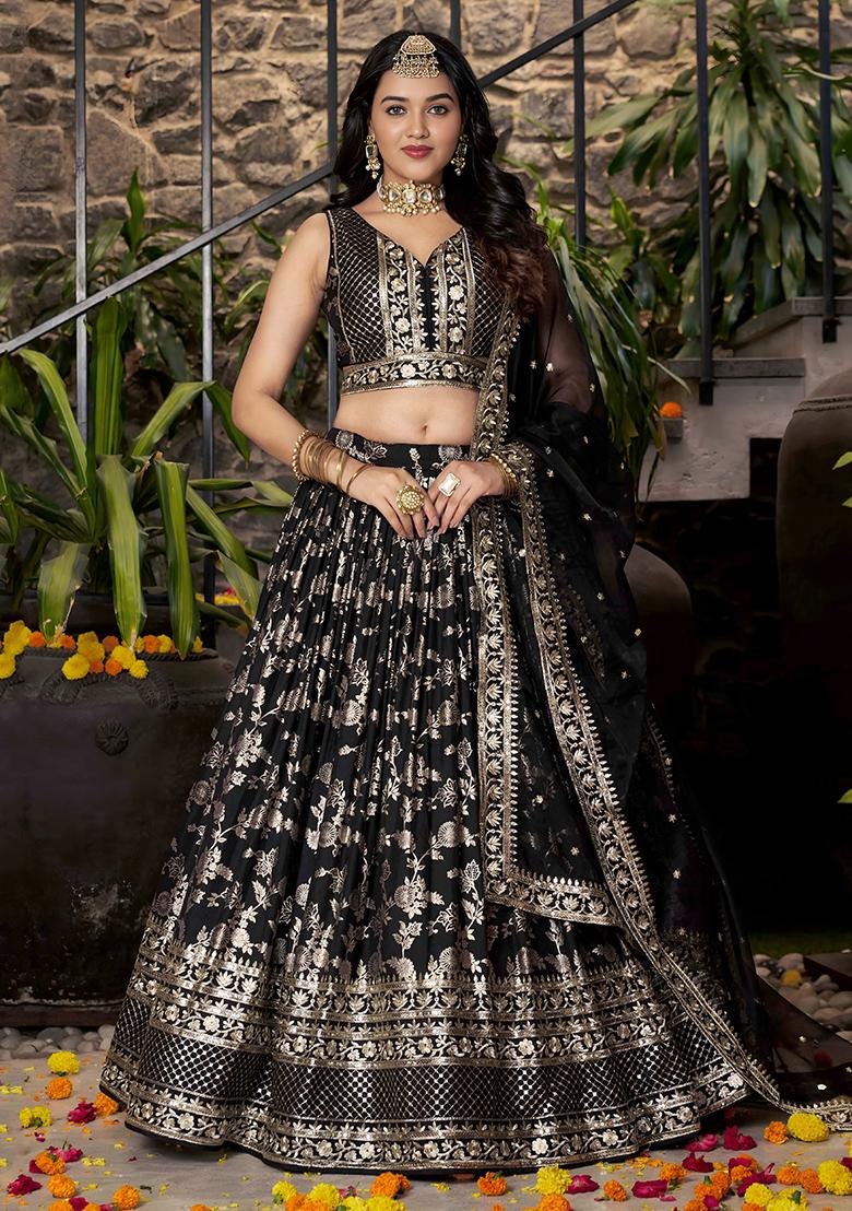 Black Sequins And Zari Embroidery Work Dola Silk Lehenga Choli Set