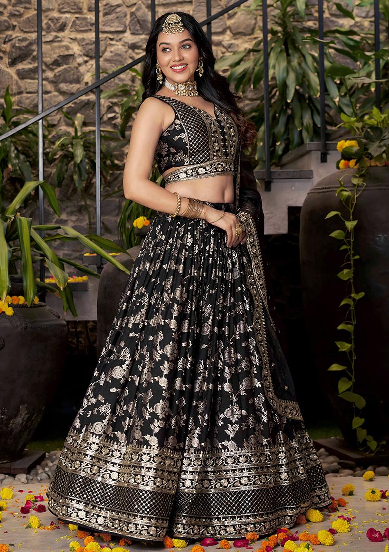 Black Sequins And Zari Embroidery Work Dola Silk Lehenga Choli Set