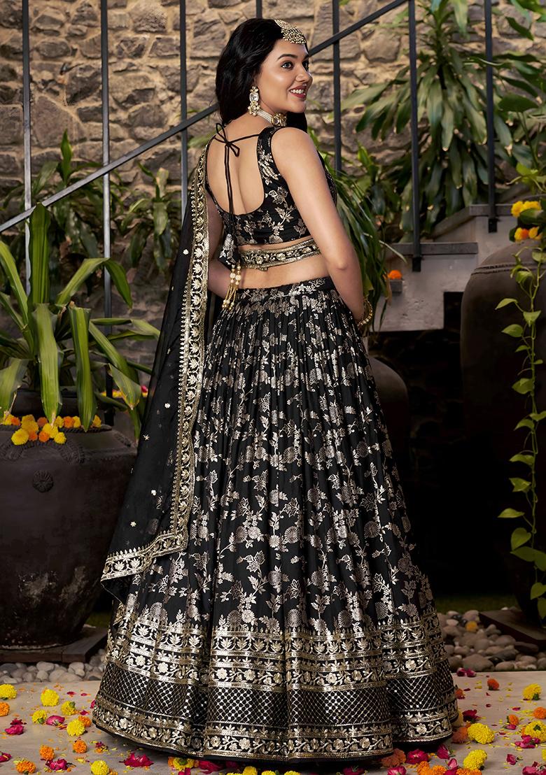 Black Sequins And Zari Embroidery Work Dola Silk Lehenga Choli Set