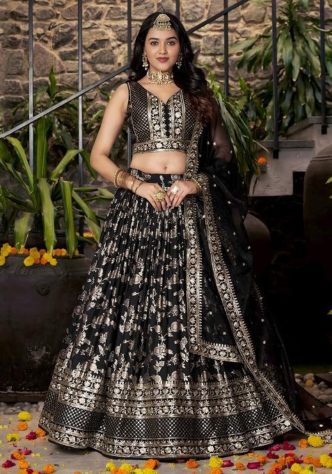 Black Sequins And Zari Embroidery Work Dola Silk Lehenga Choli Set