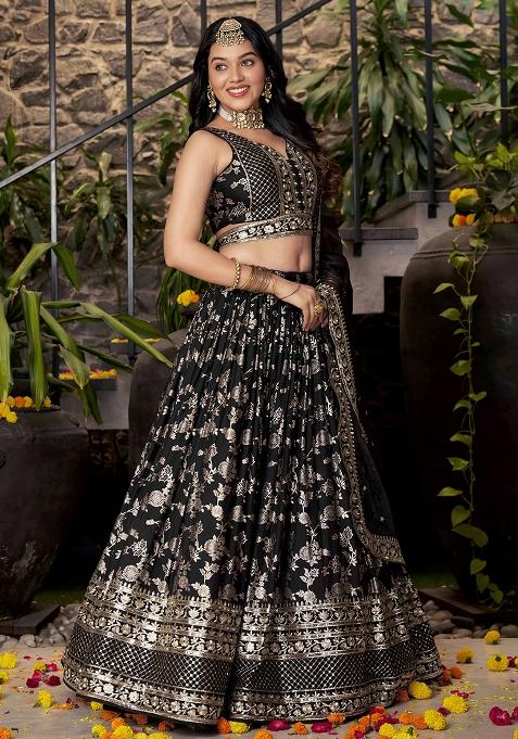 Black Sequins And Zari Embroidery Work Dola Silk Lehenga Choli Set
