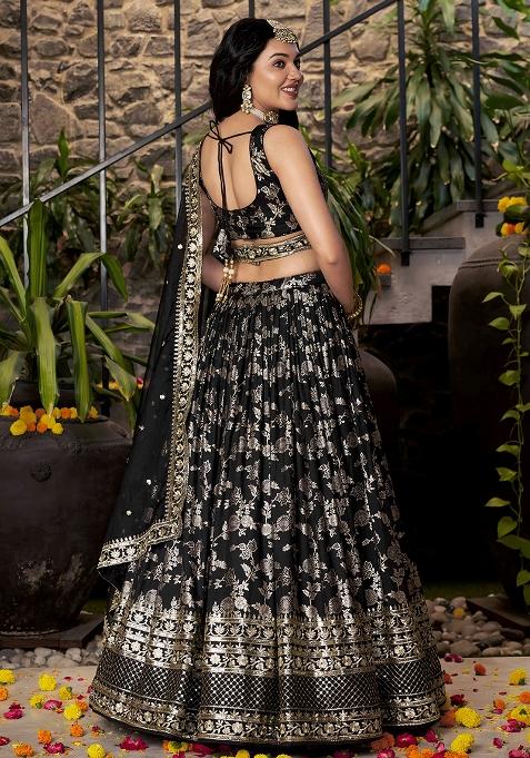 Black Sequins And Zari Embroidery Work Dola Silk Lehenga Choli Set