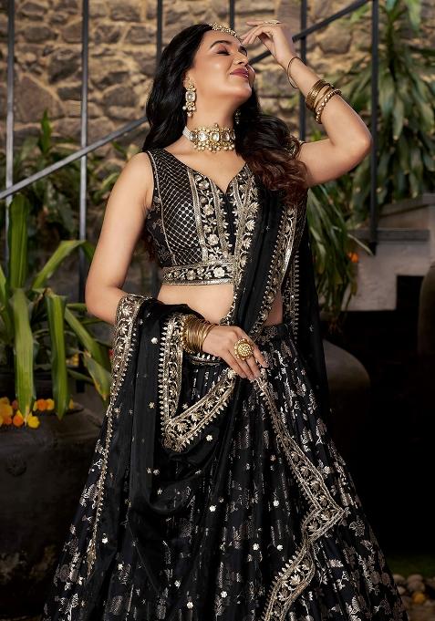 Black Sequins And Zari Embroidery Work Dola Silk Lehenga Choli Set