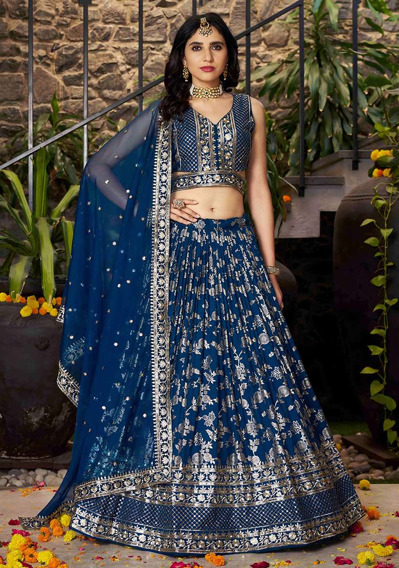 Dove Blue And Blend Dola Silk Lehenga Choli Set with Embroidery & Sequins for Diwali | Wedding & Festive Wear - Indya