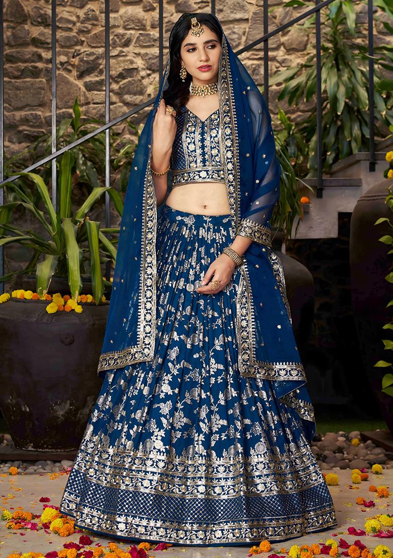 Dove Blue Sequins And Zari Embroidery Work Dola Silk Lehenga Choli Set - Indya