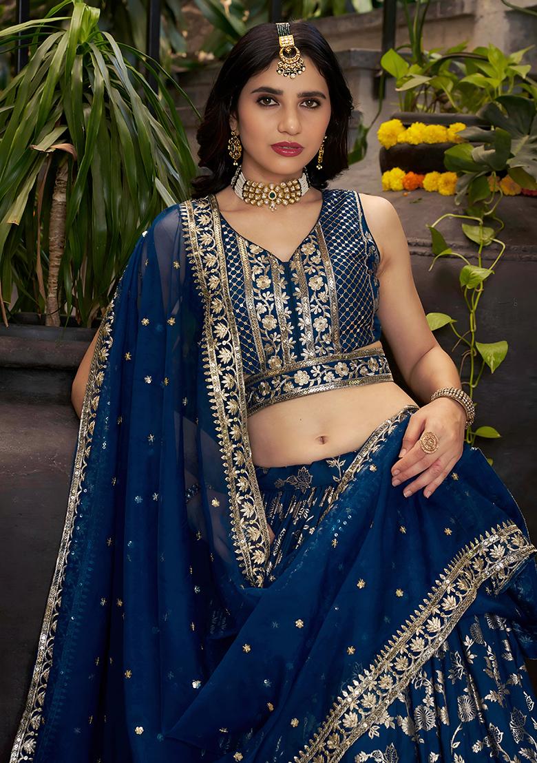 Dove Blue Sequins And Zari Embroidery Work Dola Silk Lehenga Choli Set - Indya
