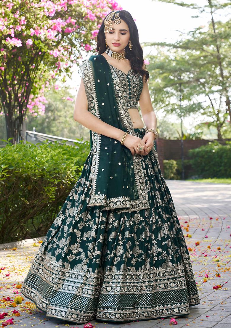 Green Sequins And Zari Embroidery Work Dola Silk Lehenga Choli Set