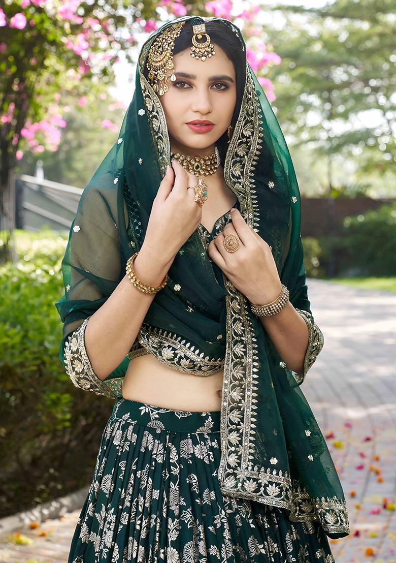 Green Sequins And Zari Embroidery Work Dola Silk Lehenga Choli Set