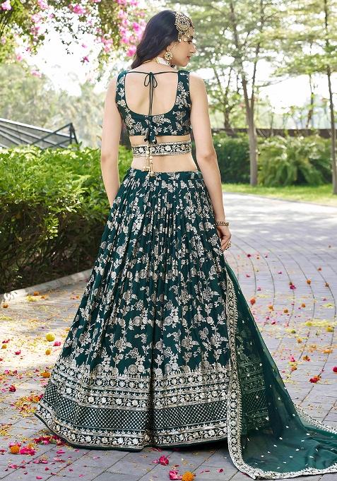 Green Sequins And Zari Embroidery Work Dola Silk Lehenga Choli Set
