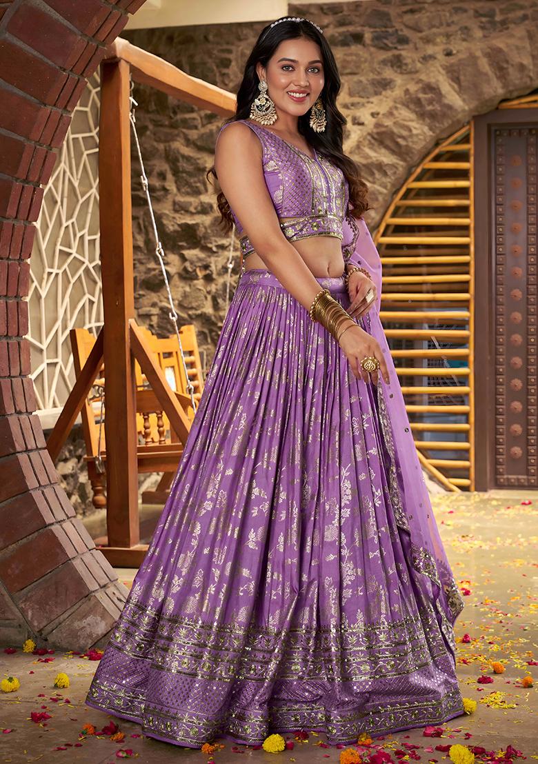 Lavender Sequins And Zari Embroidery Work Dola Silk Lehenga Choli Set