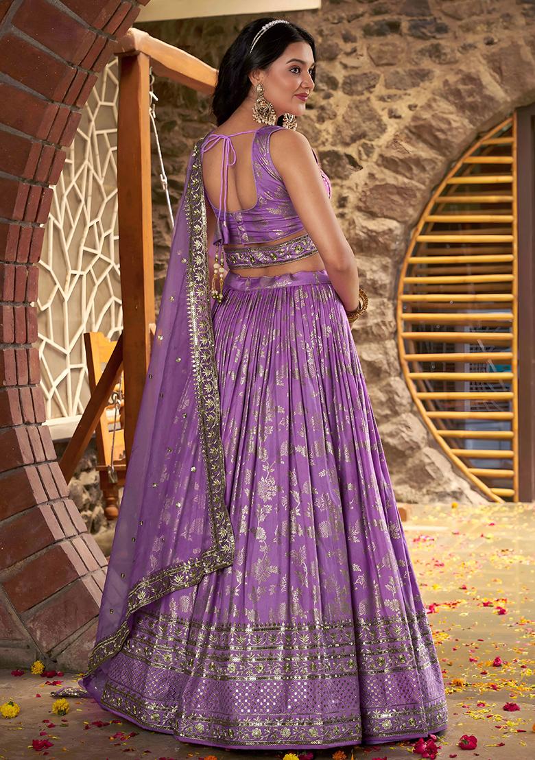 Lavender Sequins And Zari Embroidery Work Dola Silk Lehenga Choli Set