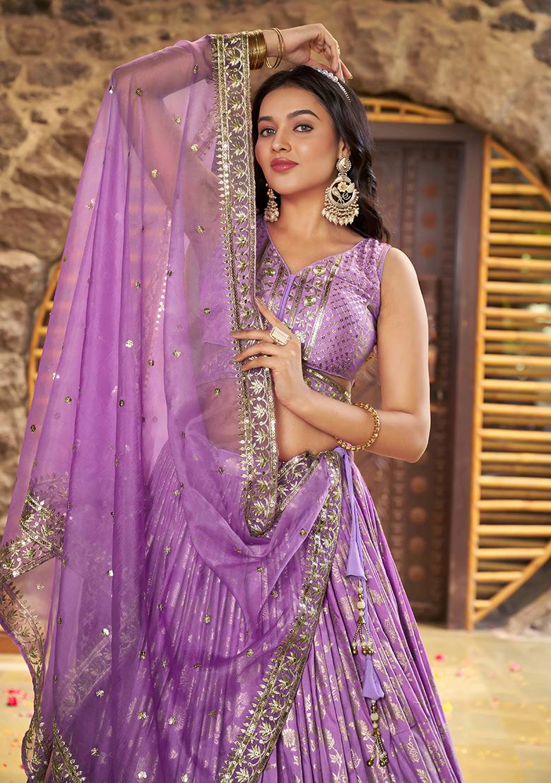 Lavender Sequins And Zari Embroidery Work Dola Silk Lehenga Choli Set