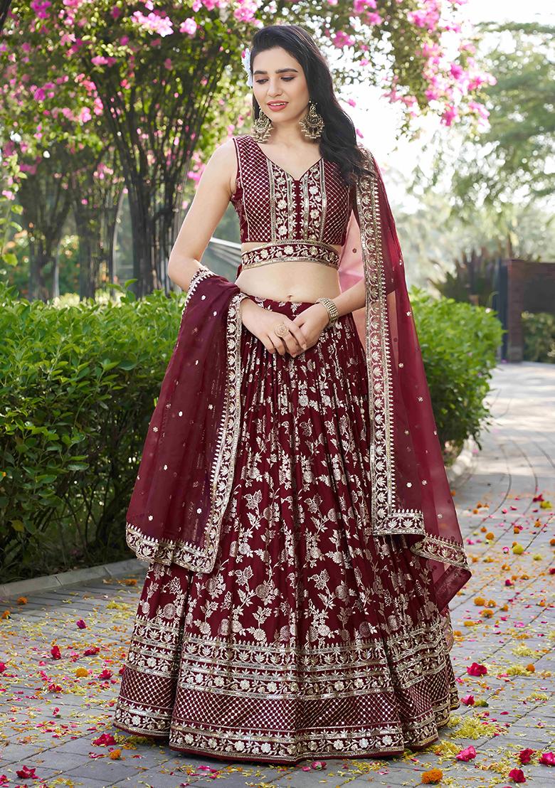 Maroon Sequins And Zari Embroidery Work Dola Silk Lehenga Choli Set