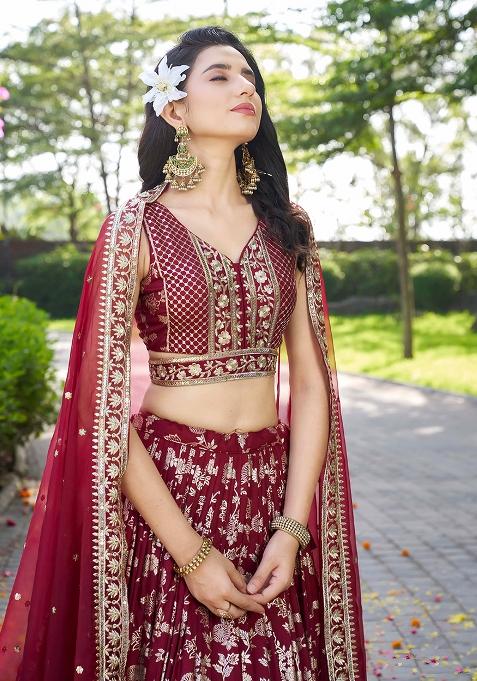 Maroon Sequins And Zari Embroidery Work Dola Silk Lehenga Choli Set