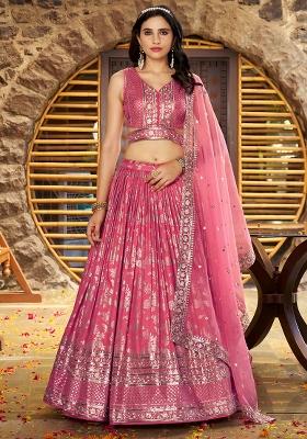 Peach Sequins And Zari Embroidery Work Dola Silk Lehenga Choli Set