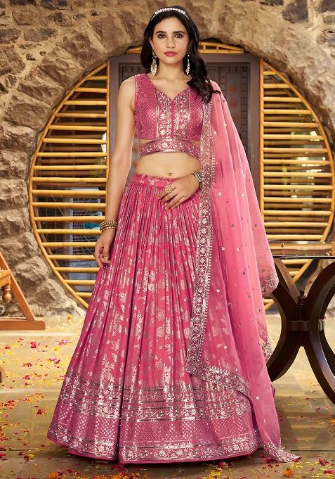 Peach Sequins And Zari Embroidery Work Dola Silk Lehenga Choli Set