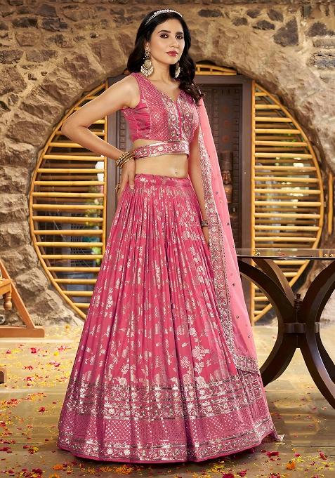 Peach Sequins And Zari Embroidery Work Dola Silk Lehenga Choli Set