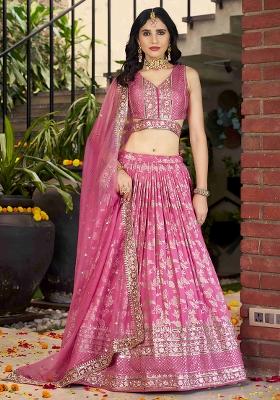 Pink Sequins And Zari Embroidery Work Dola Silk Lehenga Choli Set