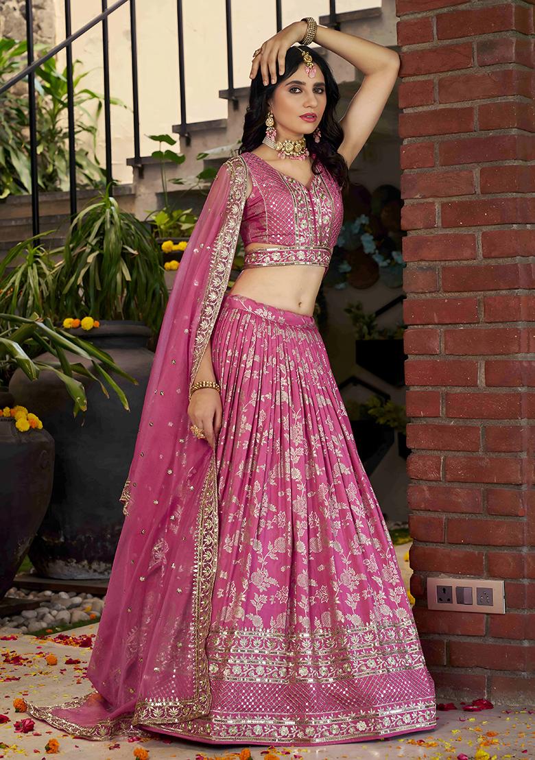 Pink Sequins And Zari Embroidery Work Dola Silk Lehenga Choli Set