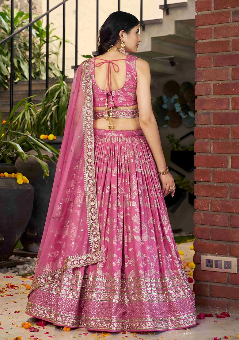 Pink Sequins And Zari Embroidery Work Dola Silk Lehenga Choli Set