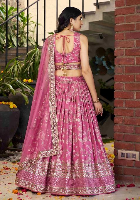 Pink Sequins And Zari Embroidery Work Dola Silk Lehenga Choli Set