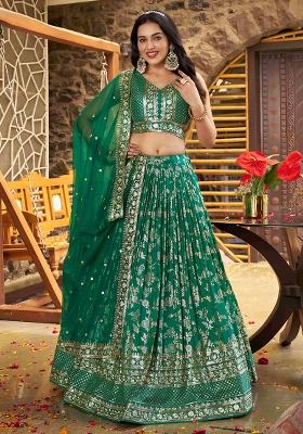 Rama Green Sequins And Zari Embroidery Work Dola Silk Lehenga Choli Set