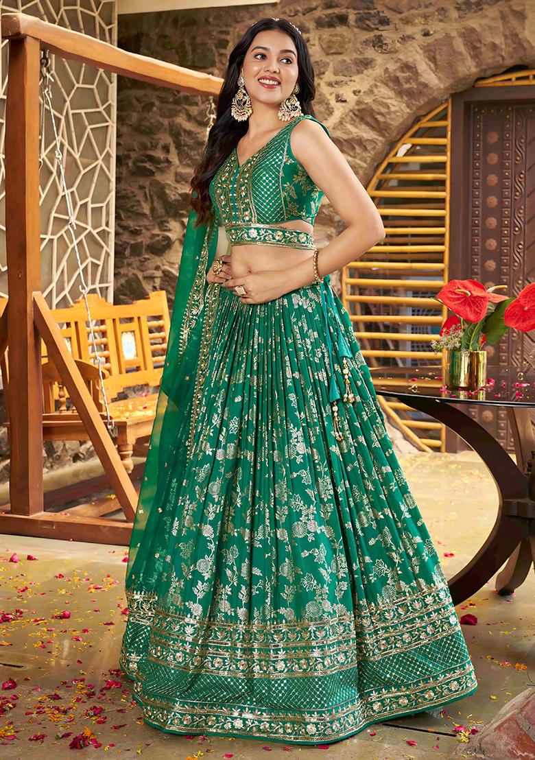 Rama Green Sequins And Zari Embroidery Work Dola Silk Lehenga Choli Set