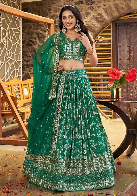 Rama Green Sequins And Zari Embroidery Work Dola Silk Lehenga Choli Set