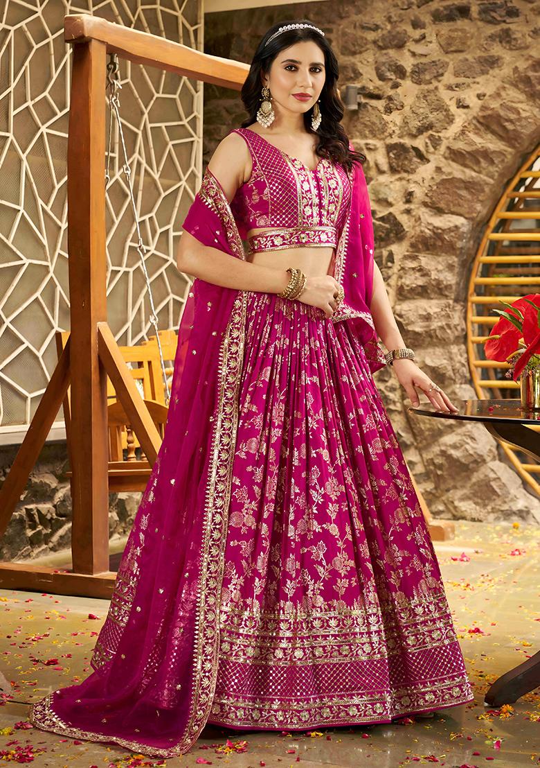 Rani Pink Sequins And Zari Embroidery Work Dola Silk Lehenga Choli Set