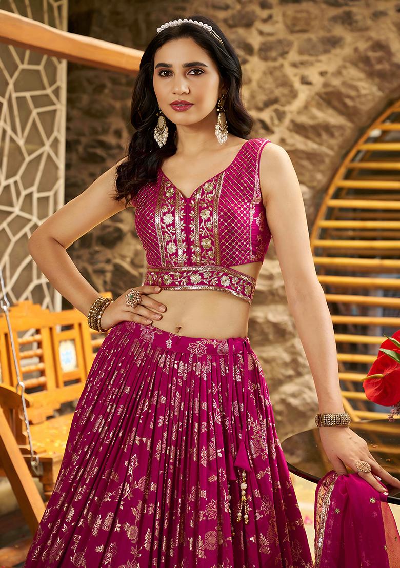 Rani Pink Sequins And Zari Embroidery Work Dola Silk Lehenga Choli Set