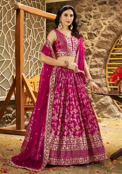 Rani Pink Sequins And Zari Embroidery Work Dola Silk Lehenga Choli Set