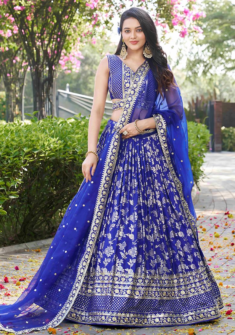 Royal Blue Sequins And Zari Embroidery Work Dola Silk Lehenga Choli Set