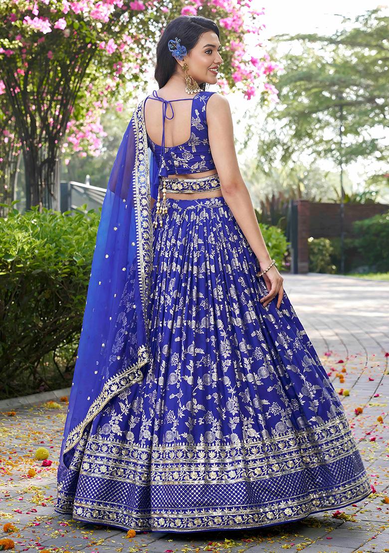 Royal Blue Sequins And Zari Embroidery Work Dola Silk Lehenga Choli Set