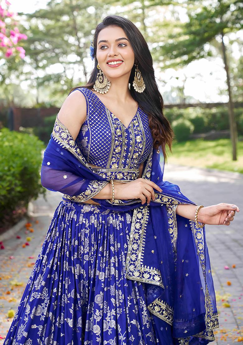 Royal Blue Sequins And Zari Embroidery Work Dola Silk Lehenga Choli Set