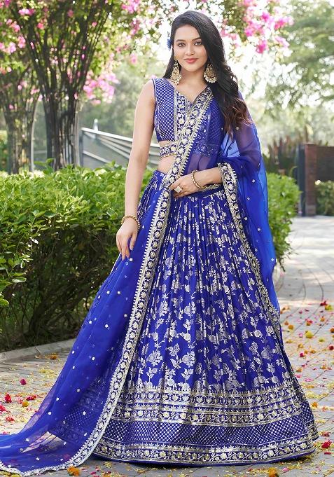 Royal Blue Sequins And Zari Embroidery Work Dola Silk Lehenga Choli Set
